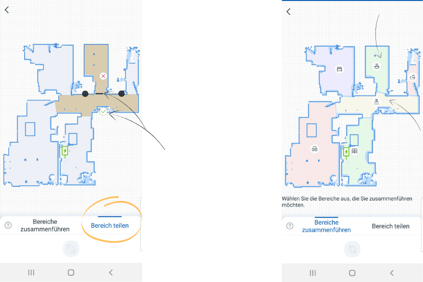 Raumtrennung bzw. Raum-Zusammenführung wird in der Ecovacs Home App praktiziert